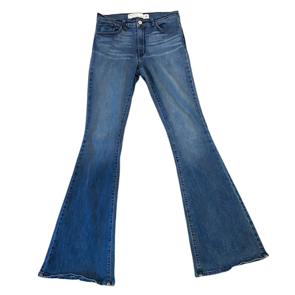 O2 Denim Y2K Jeans Women's 30 Blue Flared Bellbottom Mid-Rise Medium Wash -Read
